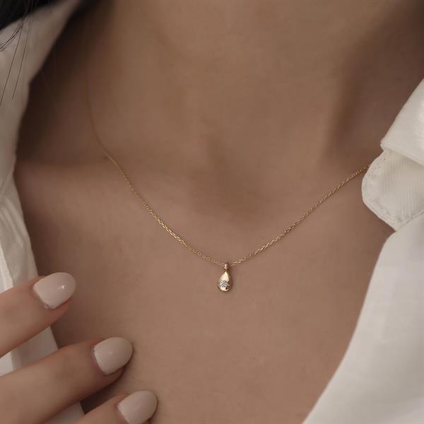 14 Ayar Altın Taşlı Minimal Damla Kolye